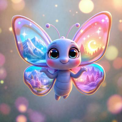 The primary subject of the image is a cute, colorful butterfly. The butterfly is depicted in a digital art style, with a vibrant pink and blue color scheme. The setting is a beautiful, colorful landscape, featuring a mountain range and a forest. The visual style is a combination of digital art and illustration, creating a whimsical and lively atmosphere.